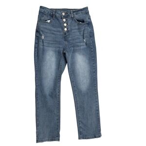 Medium Wash High Rise Button Fly Distressed Straight Leg Jeans Y2K Streetwear M